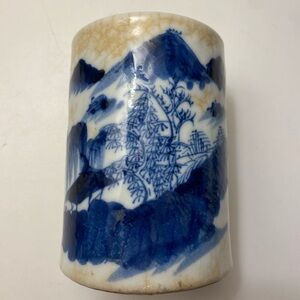 Blue & White Porcelain Brush Pot Hand‑Painted Landscape Small Chinese Ceramic